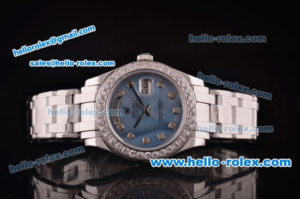 Rolex Day-Date Pearlmaster Swiss ETA 2836 Automatic Steel Case/Strap with Diamond Bezel and Ice-Blue MOP Dial - Click Image to Close